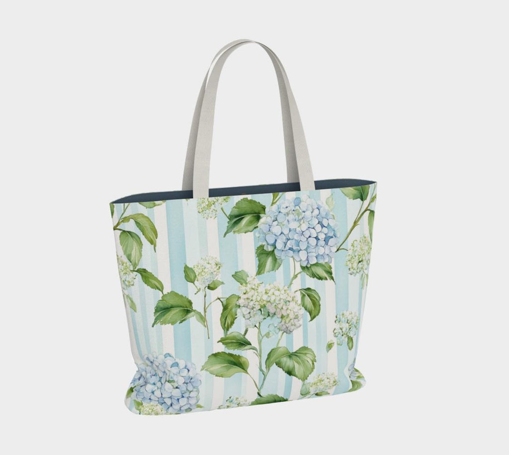 Front side Blue Hydrangeas Tote Bag - Mulberry & Fox featuring blue hydrangea print