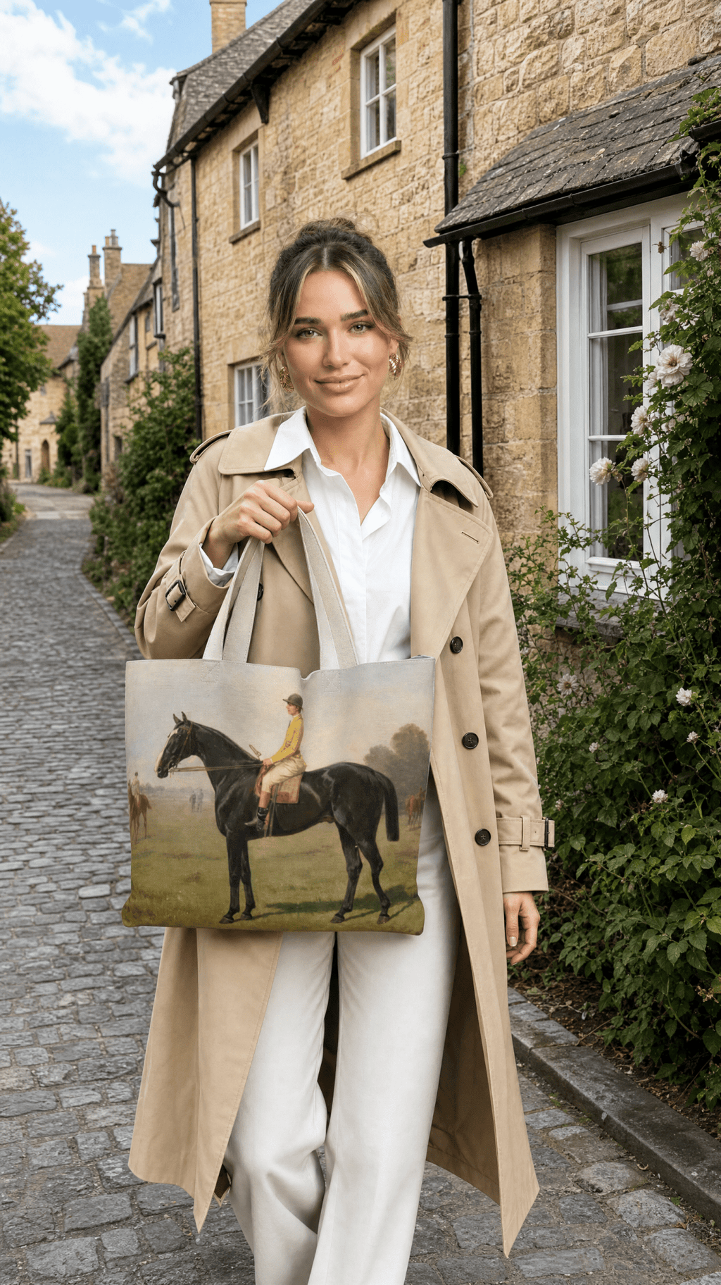 Canary Silks 1905 Tote Bag - Mulberry & Fox featuring vintage image of jockey on horseback held by a model in a village.