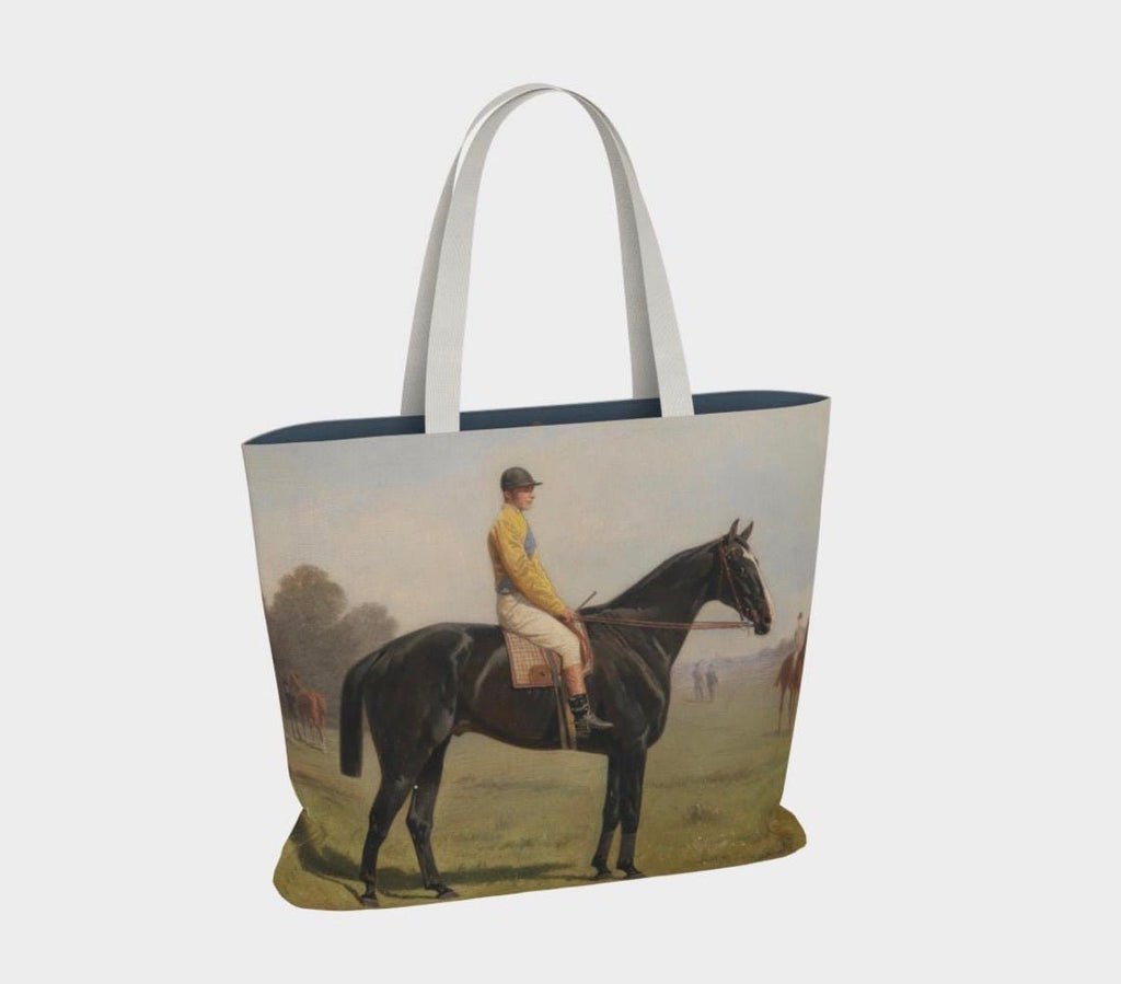 Front side of Canary Silks 1905 Tote Bag - Mulberry & Fox features vintage image of Jockey on horseback.