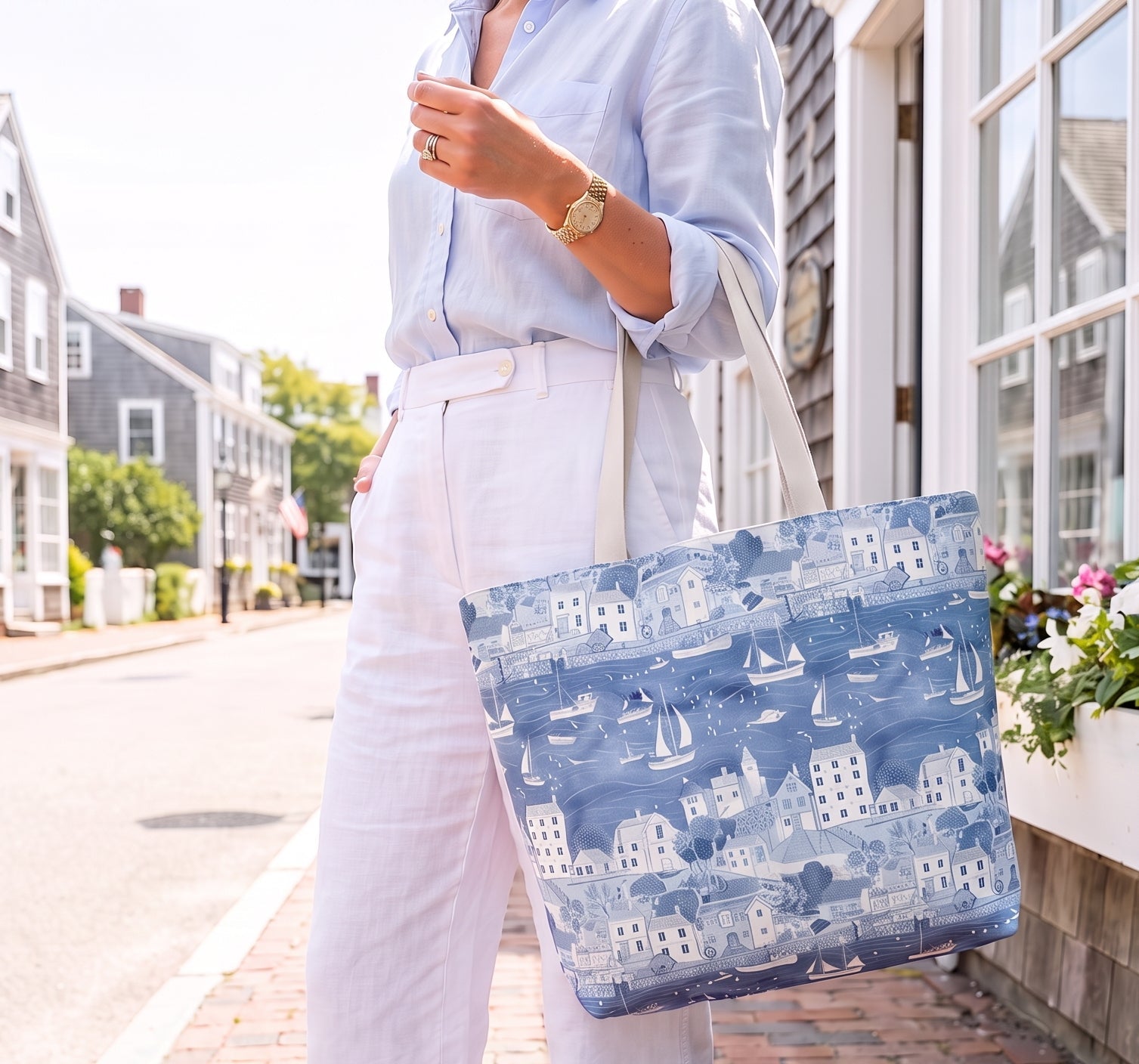 Coastal Village Blue Tote Bag - Mulberry & Fox